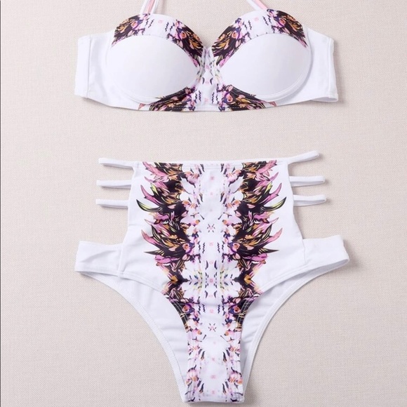 Other - White High Waist Swimsuit in Pink Floral Tummy Control Size Large Size 8 10